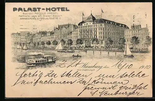 Künstler-AK Hamburg-Neustadt, Palast-Hotel mit Uferpartie