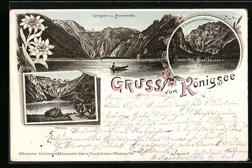 Lithographie Königsee, Ortsansicht mit Obersee
