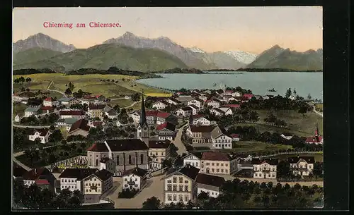 AK Chieming, Ortsansicht mit Kirche und Chiemsee
