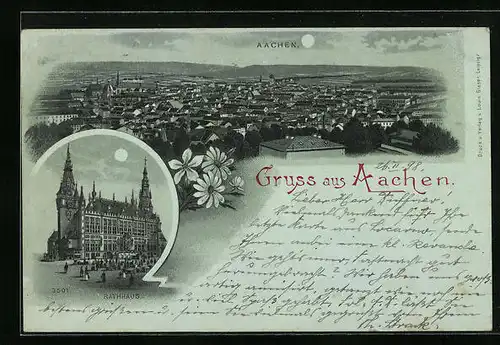 Mondschein-Lithographie Aachen, Ortsansicht mit Rathaus