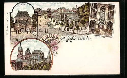 Lithographie Aachen, Totalansicht mit Dom und Pontthor