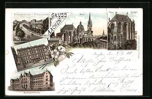 Lithographie Aachen, Elisenbrunnen, Dom und Justizgebäude