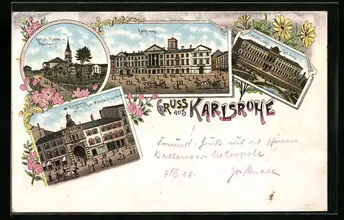 Lithographie Karlsruhe, Ortsansicht mit Rathaus