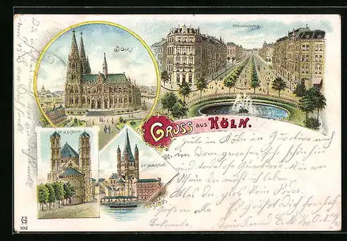 Lithographie Köln, Ortsansicht mit Dom und St. Martin