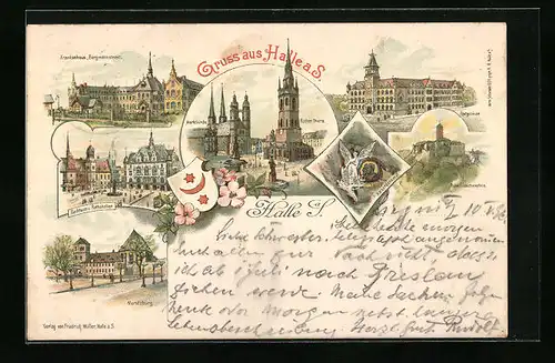 Lithographie Halle a. S., Rathaus und Rathskeller, Moritzburg