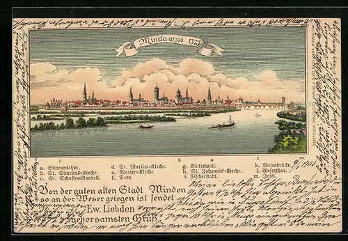 Lithographie Minden, Ortsansicht 1375