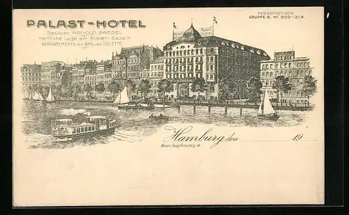 Künstler-AK Hamburg-Neustadt, Palast-Hotel mit Uferpartie