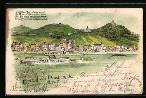 Lithographie Königswinter, Drachenfels mit Ausflugsdampfer