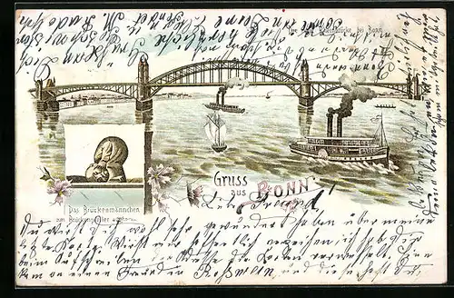 Lithographie Bonn, Rheinbrücke mit Brückenmännchen
