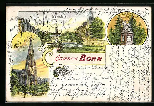 Lithographie Bonn, Evangelische Kirche, Kaiserplatz, Krieger-Denkmal