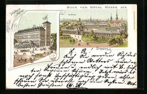 Lithographie Dresden, Hotel Weber mit Aussicht