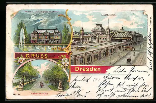 Lithographie Dresden, Hauptbahnhof, Herkules-Allee, Palais und Teich im grossen Garten
