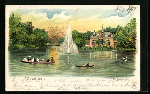 Sonnenschein-Lithographie Dresden, Am Carola See mit Ruderbooten, aufgehender Sonne und Springbrunnen
