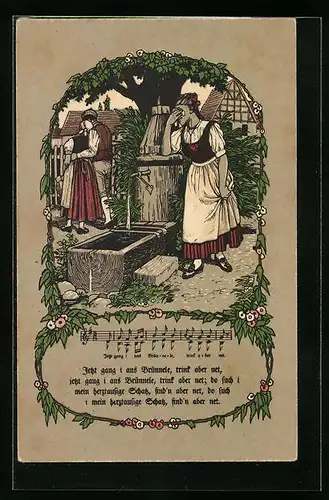 Künstler-AK Lied Jetzt gang i ans Brünnele... - Weinende Frau am Brunnen