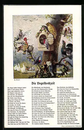 Künstler-AK Lied Die Vogelhochzeit - Text, Vogelversammlung an einem Baum