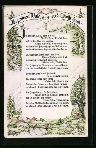 Künstler-AK Lied Im grünen Wald... - Text, Tiere und Jäger im Wald