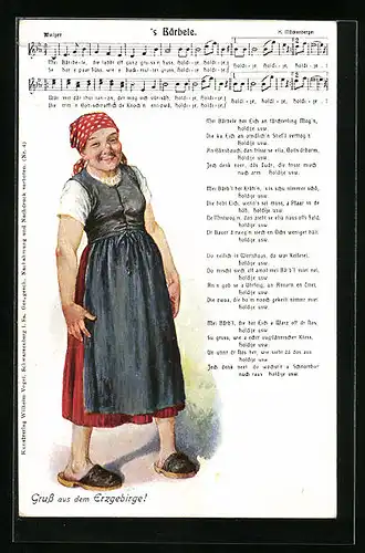 Künstler-AK Lied `s Bärbele - Text, Noten, Magd in Hausschuhen