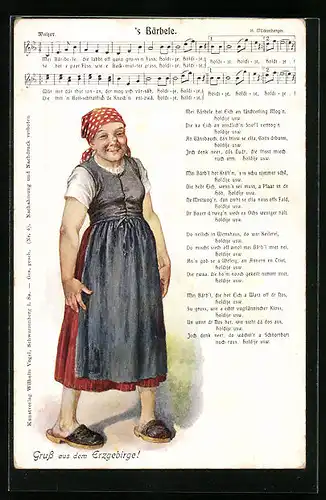 Künstler-AK Lied `s Bärbele - Text mit Noten, Magd mit Kopftuch