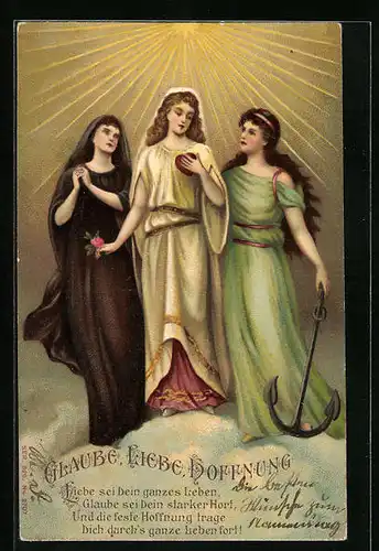Präge-AK Glaube, Liebe, Hoffnung - Frauen unter Sonnenstrahlen