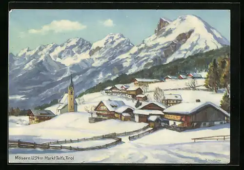 Künstler-AK Mösern, Ortspartie im Hochschnee