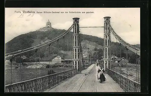 AK Porta Westfalica, Kaiser Wilhelm-Denkmal von der Kettenbrücke aus gesehen