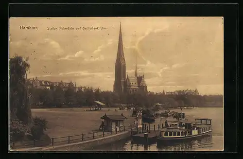 AK Hamburg-Uhlenhorst, Station Kuhmühle und Gertrudenkirche