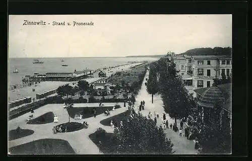 AK Zinnowitz, Strand und Promenade mit Herrenbad und Hotel Fortuna