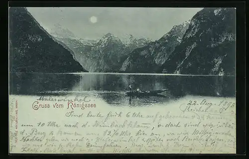 Mondschein-AK Königssee, Teilansicht mit Boot und Bergen