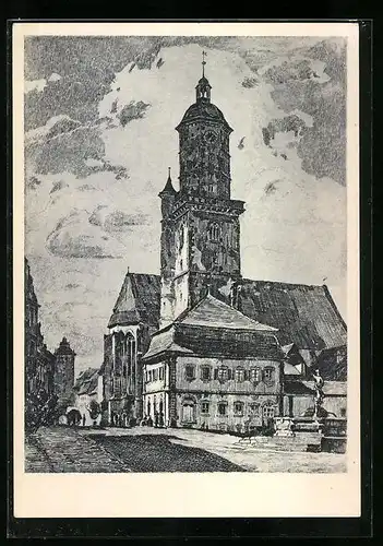 Künstler-AK Volkach /Main, Stadtkirche, erbaut 1413