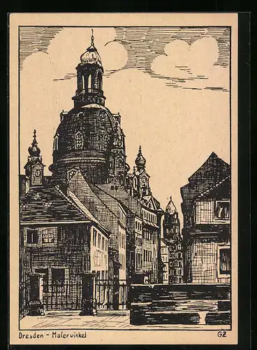 Künstler-AK Dresden, Am Malerwinkel, Brühlsche Terrassen, Blick gen Frauenkirche