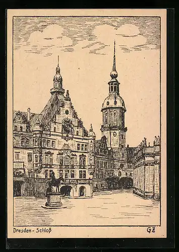 Künstler-AK Dresden, Darstellung vom Schloss