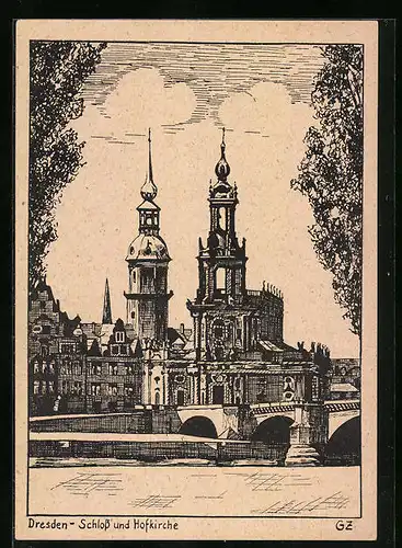 Künstler-AK Dresden, Darstellung von Schloss und Hofkirche