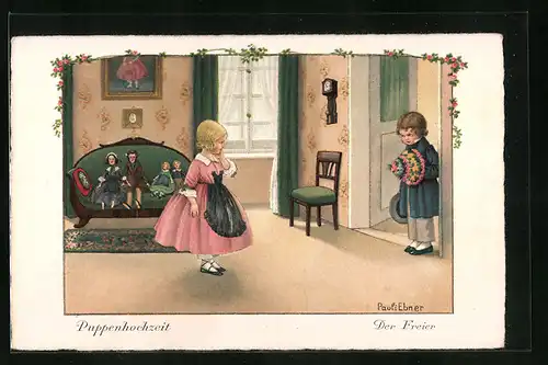Künstler-AK Pauli Ebner: Puppenhochzeit, Der Freier