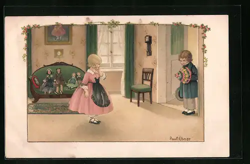Künstler-AK Pauli Ebner: Junge mit Blumen für Mädchen mit Puppen