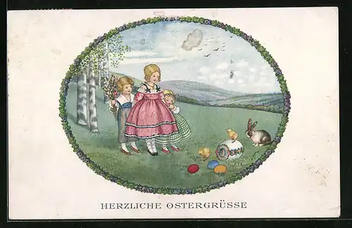 Künstler-AK Pauli Ebner: Kinder mit Osterhasen und Osterküken, Ostergruss