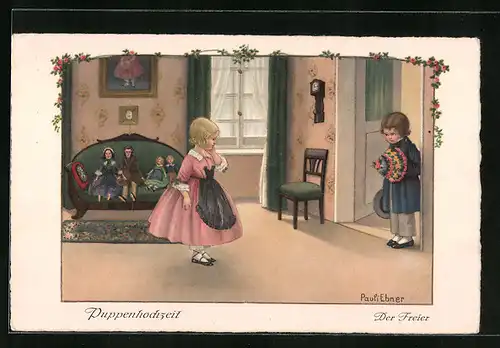 Künstler-AK Pauli Ebner: Puppenhochzeit, Der Freier