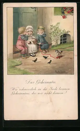 Künstler-AK Pauli Ebner: Das Geheimnis, Tuschelnde Kinder sitzen vor der Tür