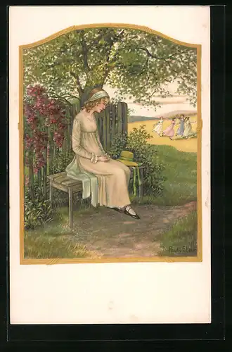 Künstler-AK Pauli Ebner: Junge Frau in trauriger Haltung auf einer Bank