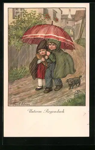 Künstler-AK Pauli Ebner: Kinder mit Schirm und Hund laufen durch strömenden Regen