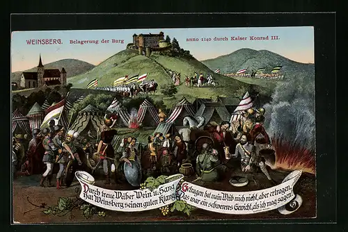 Künstler-AK Weinsberg, Belagerung der Burg anno 1140 durch Kaiser Konrad III