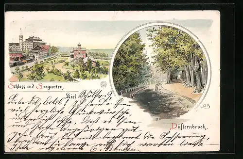 Lithographie Düsternbrook, Schloss und Seegarten mit Strassenpartie