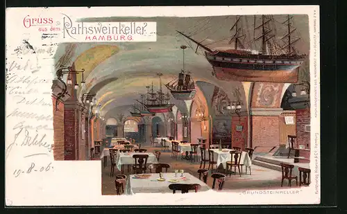 Lithographie Hamburg, Restaurant Rathsweinkeller, Grundsteinkeller