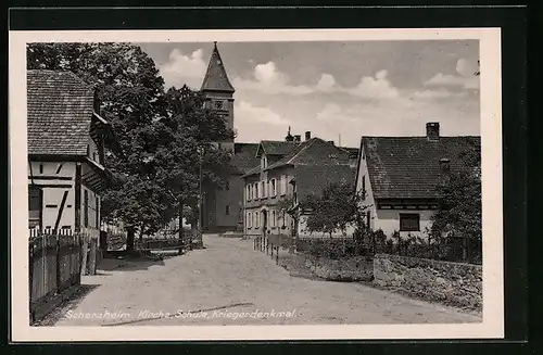 AK Scherzheim, Kirche, Schule, Kriegerdenkmal
