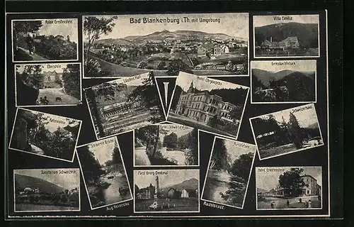 AK Bad Blankenburg, Ruine Greifenstein, Hotel Chrysopras, Fürst Georg-Denkmal