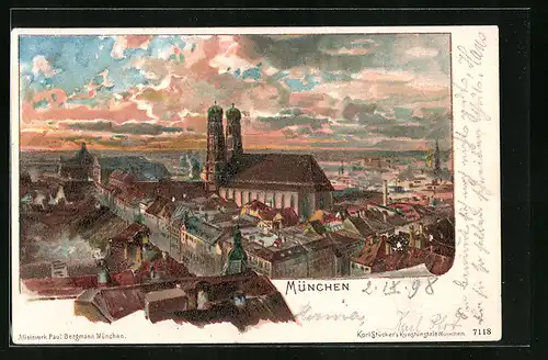 Künstler-AK München, Totalansicht während der Dämmerung