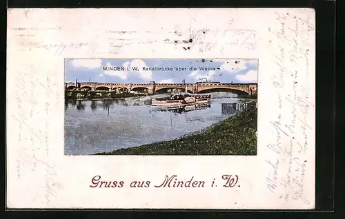 Passepartout-AK Minden i. W., Kanalbrücke über die Weser