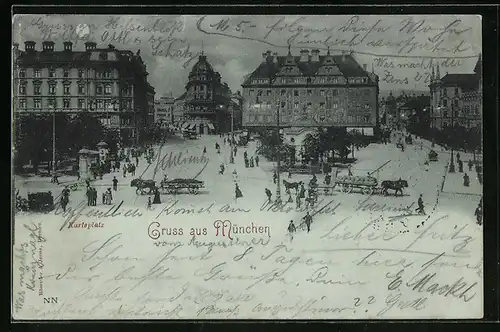 Mondschein-AK München, Karlsplatz mit Passanten