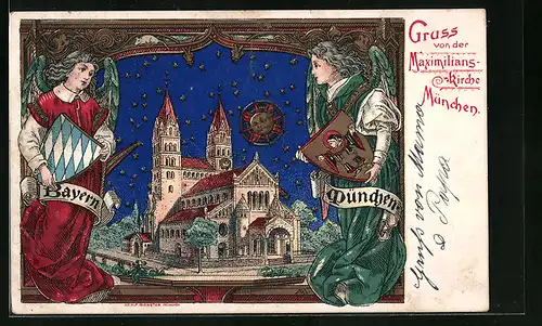 Lithographie München, Maximilianskirche mit Engelsgestalten und Wappen