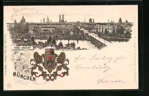 Lithographie München, Totalansicht mit Wappen