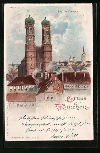 Lithographie München, Teilansicht mit Frauentürmen